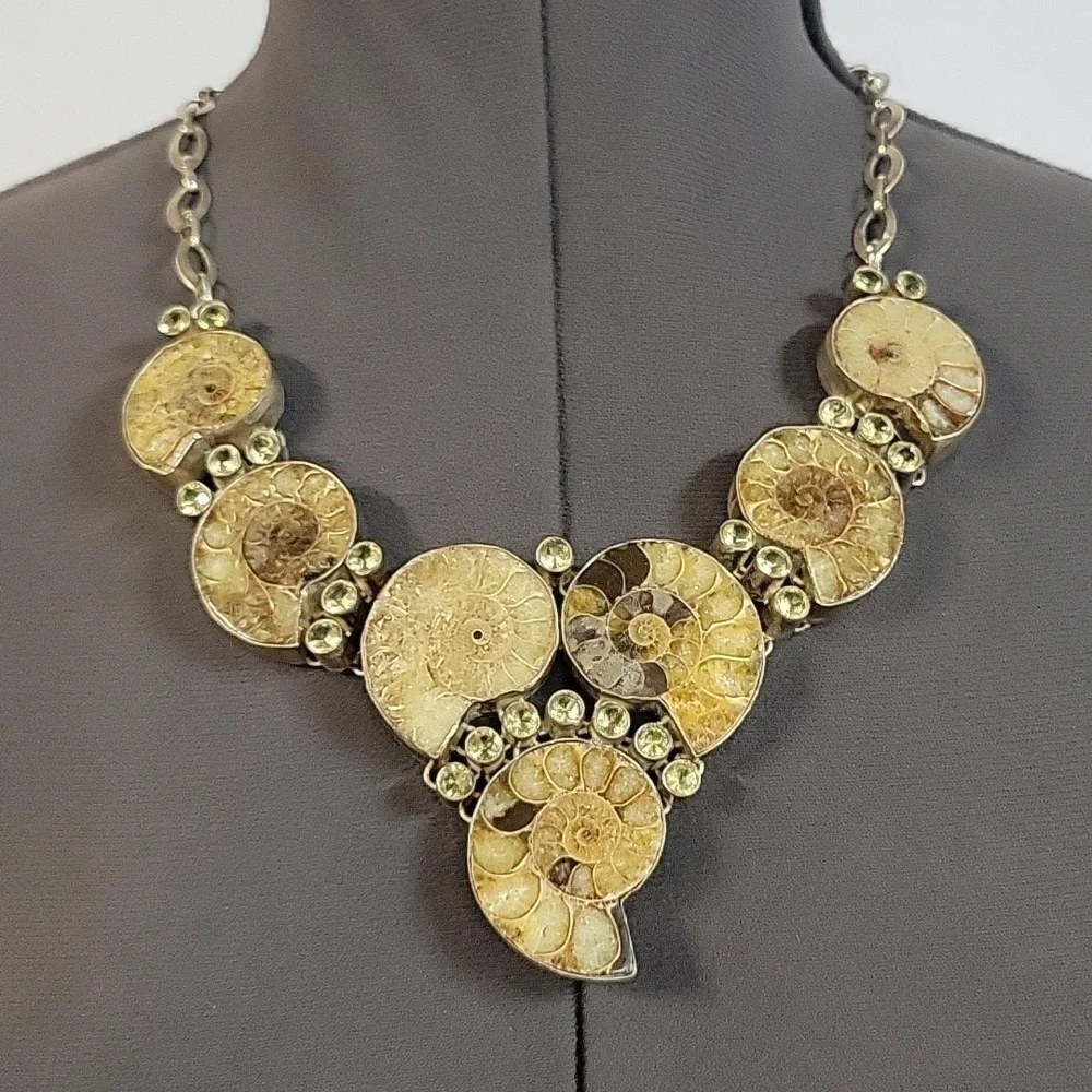 Chunky Boho Hippie Ammonite Fossil Shell Necklace with Citrine Accents - Picture 1 of 17
